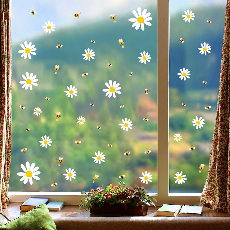 Kasubeso White Daisy and Bees Wall Stickers Easy to Peel and Stick Retro Flower Wall Decals for Girls Bedroom Nursery Living Room Office Floral Wall Decor - Image 2